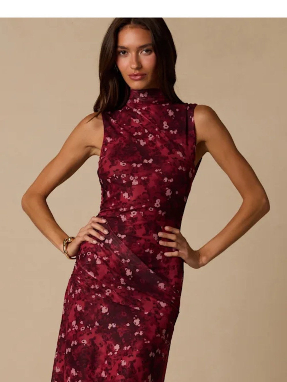 Lulu's Burgundy Floral Mock-Neck Midi Dress